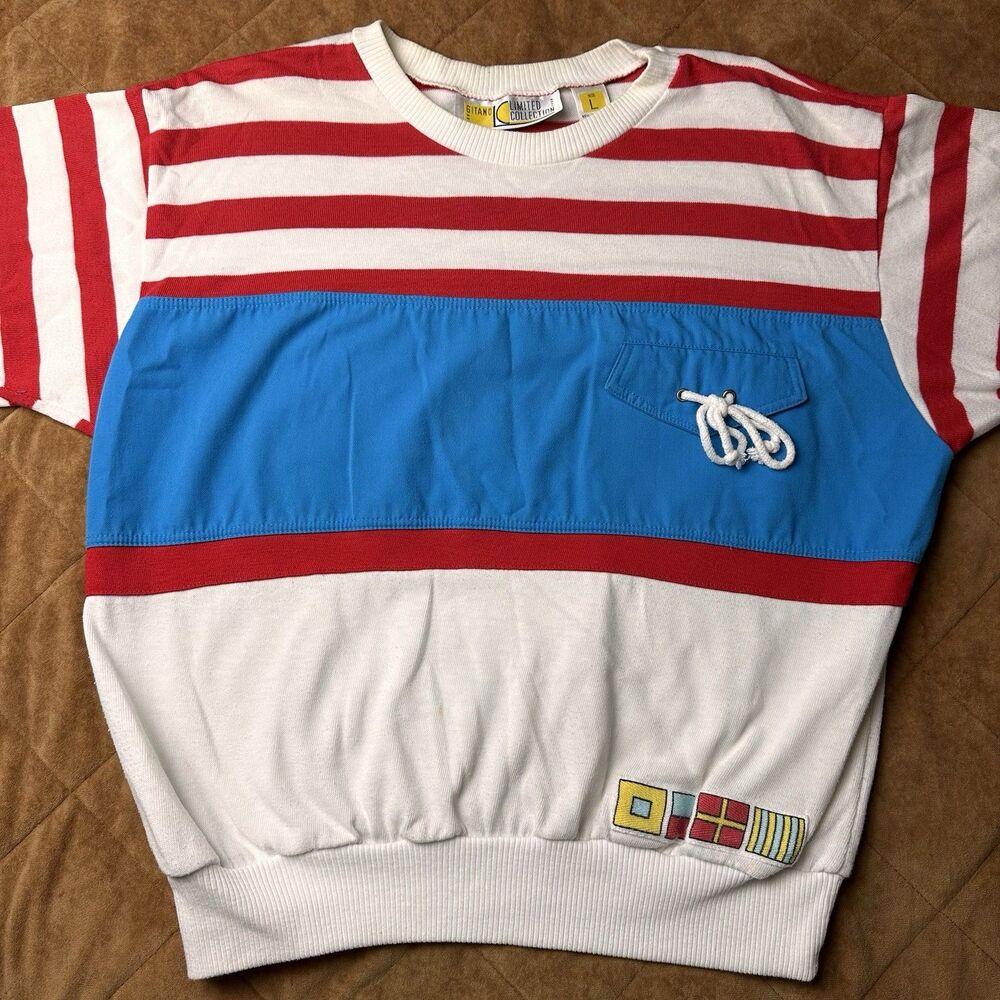 Vintage 80s Gitano Express Nautical Color Block Shirt Top Womens L Flag Patch